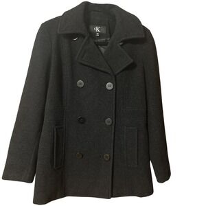 Calvin Klein Double Breasted Wool Blend Charcoal Pea Coat Button Up Womens Small